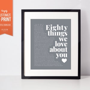 80 Geburtstagsgeschenk! Einzigartiges Individuelles Poster, das ihn oder sie glücklich machen wird. 80 Reasons we love you personalisierter Druck, Urgroßvater