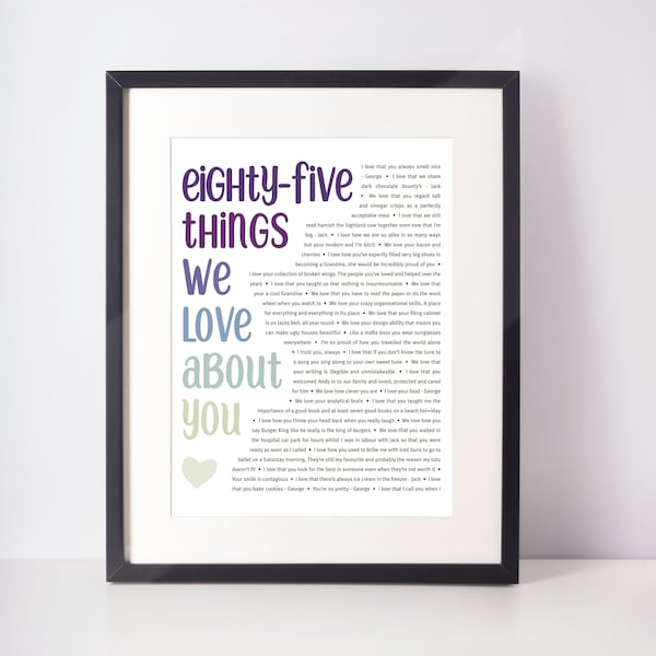 85 REASONS We Love You; Personalized Birthday Gift; Grandma's 85th; Gift for Mom; Happy 85th Birthday; 85th Birthday; Nana's 85th; Mom's 85