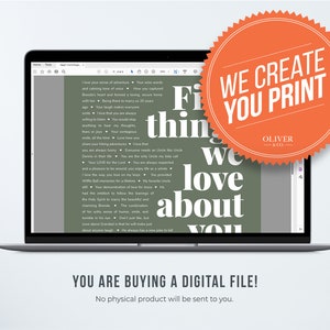 May include: A digital download for a printable wall art design. The design features a green background with the text "We create you print" in white and a large orange starburst with the text "We create you print" in white. The text "Oliver & Co." is in white on a black rectangle inside the starburst.
