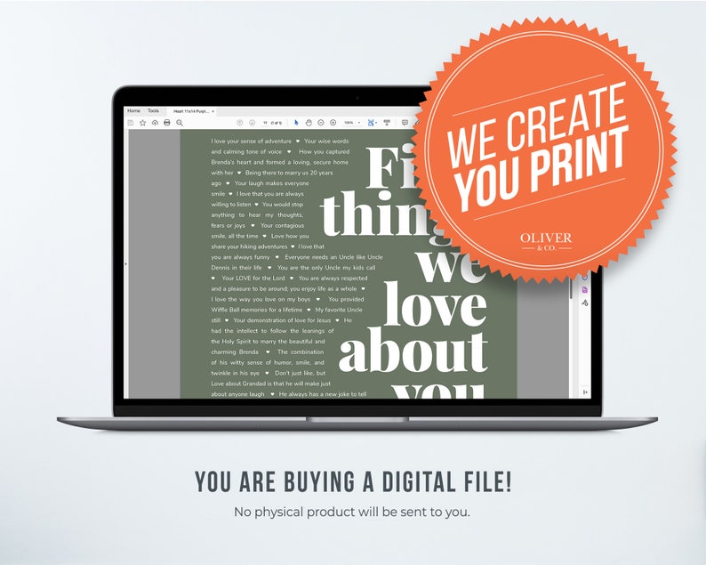 May include: A digital download for a printable wall art design. The design features a green background with the text "We create you print" in white and a large orange starburst with the text "We create you print" in white. The text "Oliver & Co." is in white on a black rectangle inside the starburst.