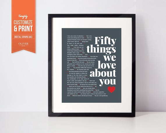 50 Things We Love About You Digital Poster. Perfect birthday or Anniversary gift for your dad, grandpa, hubby, friend, brother or colleague!