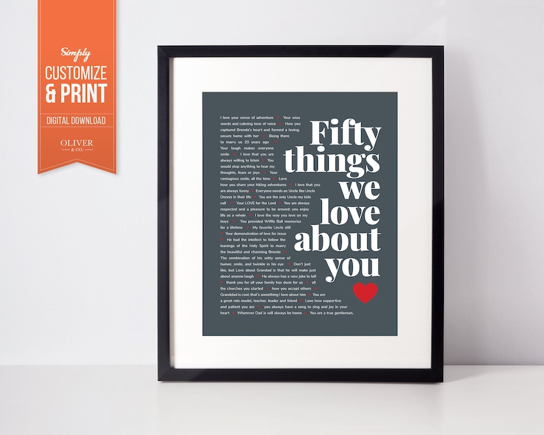 May include: A printable art print with a gray background and white text that reads "Fifty things we love about you". A red heart is in the bottom right corner of the print.