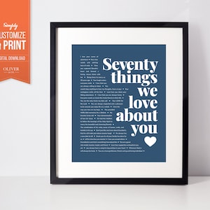 Affiche numérique 70 choses que nous aimons chez vous. Cadeau d’anniversaire parfait pour papa, grand-père, mari, ami, frère, oncle, beau-père; SOIXANTE-DIX