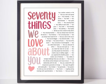 70th Birthday Gifts For Women; 70 THINGS We Love About You; 70th Birthday; Mom's 70th; 70th birthday gift for mom; Wife's 70th birthday card