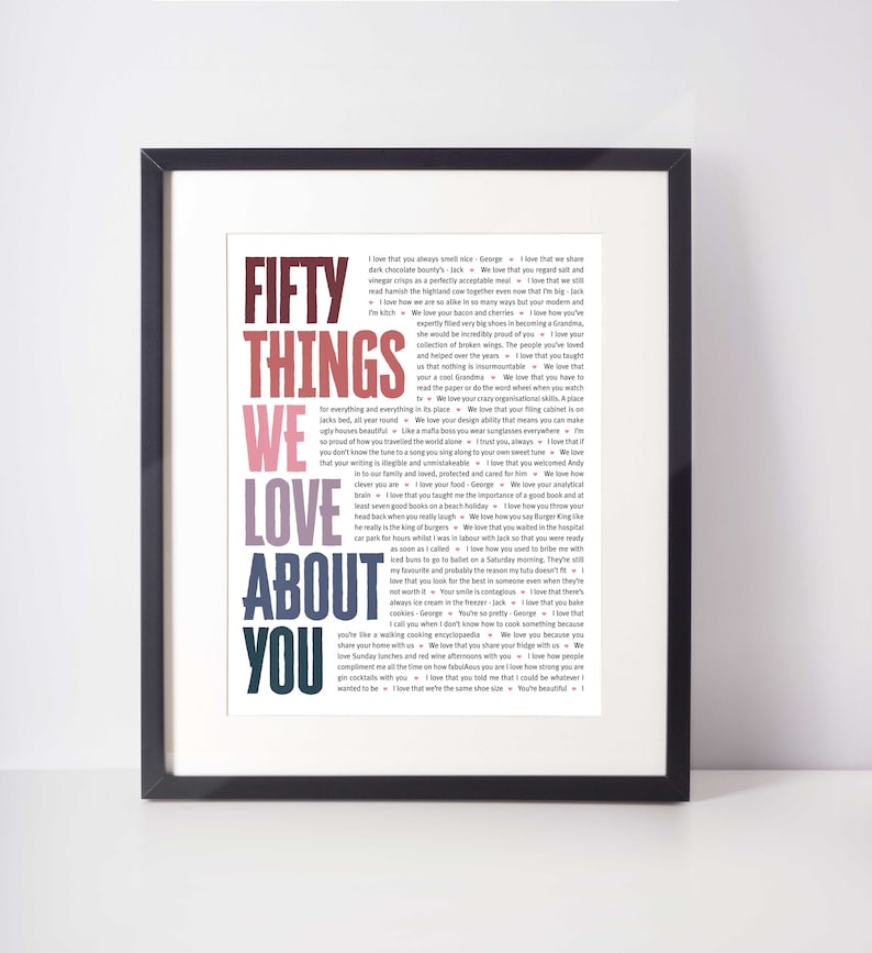May include: Framed print with the text "FIFTY THINGS WE LOVE ABOUT YOU" in various colors. The text is arranged in a vertical format, with a black frame surrounding the print. The print is a sentimental gift.