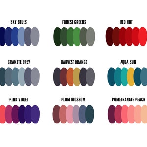May include: Nine color palettes are displayed, each with a unique name. The palettes include Sky Blues, Forest Greens, Red Hot, Granite Grey, Harvest Orange, Aqua Sun, Pink Violet, Plum Blossom, and Pomegranate Peach. Each palette contains five to six color swatches.