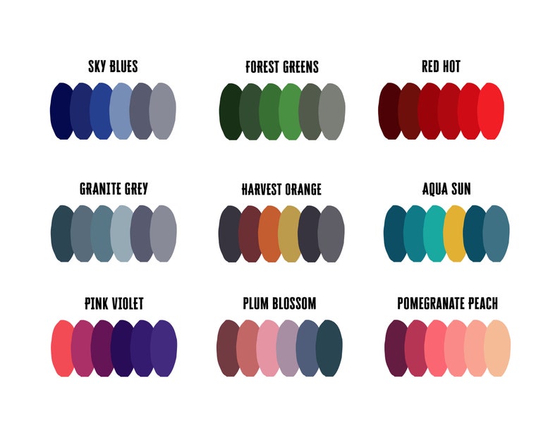 May include: Nine color palettes are displayed, each with a unique name. The palettes include Sky Blues, Forest Greens, Red Hot, Granite Grey, Harvest Orange, Aqua Sun, Pink Violet, Plum Blossom, and Pomegranate Peach. Each palette contains five to six color swatches.