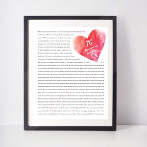 70 GRÜNDE Wir lieben dich; Dinge, die wir an Dir lieben; Personalisiertes Geschenk für Papa; Personalisiertes Geschenk für Mama; Digitaldruck;  70. Geburtstag Geschenk