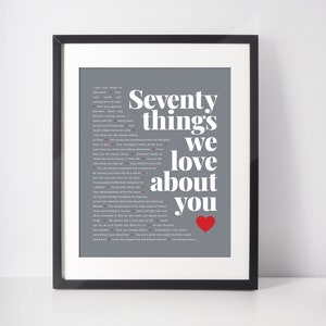 May include: A framed print with a grey background and white text that reads "Seventy things we love about you". A red heart is at the bottom of the text.