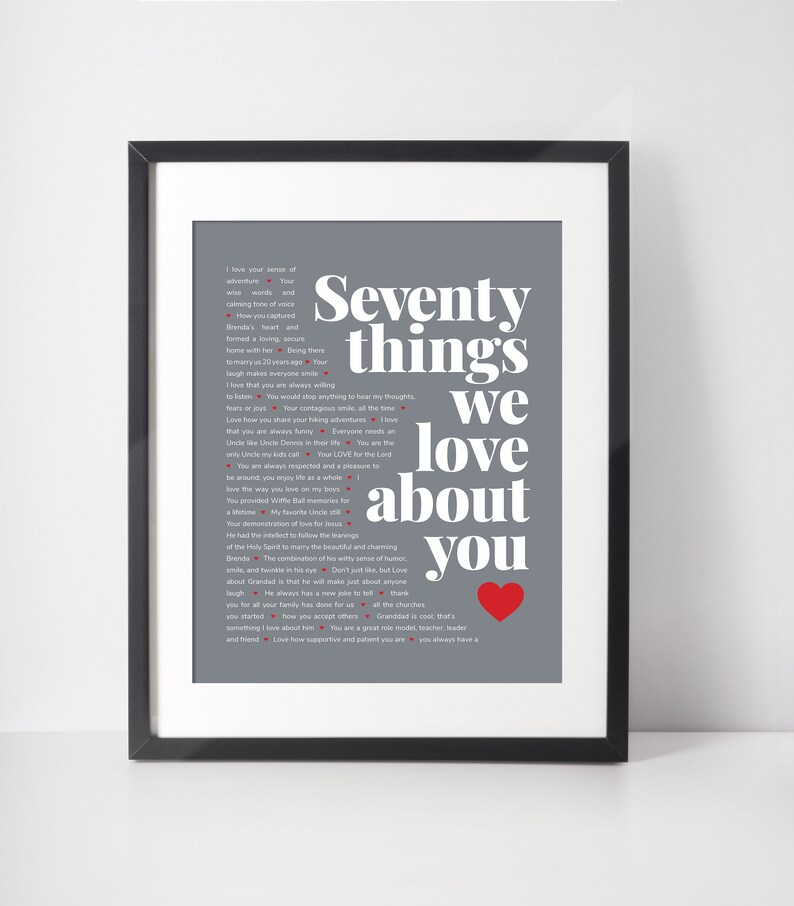 May include: A framed print with a grey background and white text that reads "Seventy things we love about you". A red heart is at the bottom of the text.