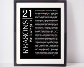 May include: A black and white framed print with the text "21 Reasons we love you" and a list of reasons written in white text on a black background.