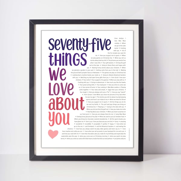 75 THINGS We Love About You; 75th Birthday Gift for her; Grandma 75th Birthday; Mom's 75th Birthday; Grandmother 75th; 75 Reasons we love