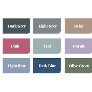 May include: A color palette graphic featuring nine color swatches. The swatches are labeled with the following colors: Dark Grey, Light Grey, Beige, Pink, Teal, Purple, Light Blue, Dark Blue, and Olive Green. Each swatch has rounded corners.