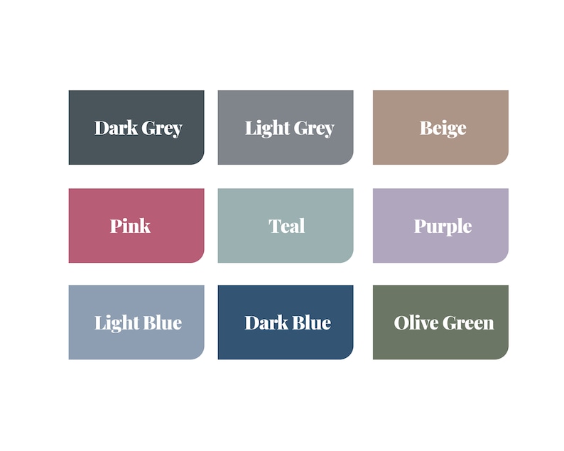 May include: A color palette graphic featuring nine color swatches. The swatches are labeled with the following colors: Dark Grey, Light Grey, Beige, Pink, Teal, Purple, Light Blue, Dark Blue, and Olive Green. Each swatch has rounded corners.