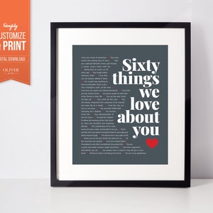 Affiche numérique 60 choses que nous aimons chez vous. Cadeau d’anniversaire parfait pour votre père, grand-père, mari, ami, frère ou collègue!