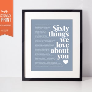 60 Geburtstagsgeschenk! Einzigartiges Individuelles Poster, das ihn oder sie glücklich machen wird. 60 Reasons we love you personalisierter Druck.