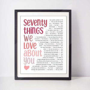 70th Birthday gifts for women; 70th Birthday gift for her; 70 things we love about you template; 70 reasons we love you; Seventy Birthday