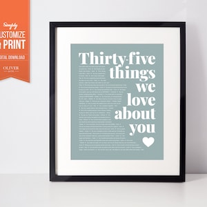 Regalo de cumpleaños número 35 para mamá, mujeres, para ella, para esposa, para hermana. Impresión digital personalizada. Regalo personalizado; 35 cosas que amamos de ti.