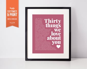 30 Things We Love About You Custom Digital Poster. Special Birthday gift for your fiancee, wife, friend, sister, daughter or daughter-in-law