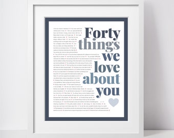 May include: A framed print with a blue background and white text that reads "Forty things we love about you". The text is surrounded by a heart shape and a list of 40 things the person loves about the recipient.