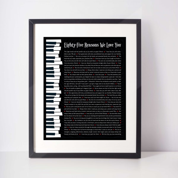 85 REASONS We Love You; Personalized Birthday Gift; Gift for Dad; Gift for Mom; Gift for sister; Digital Print; Music; Musical; Piano