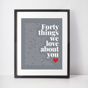 May include: Framed print with a gray background and the words "Forty things we love about you" in white. A red heart is at the bottom right. The print lists 40 reasons why someone is loved.