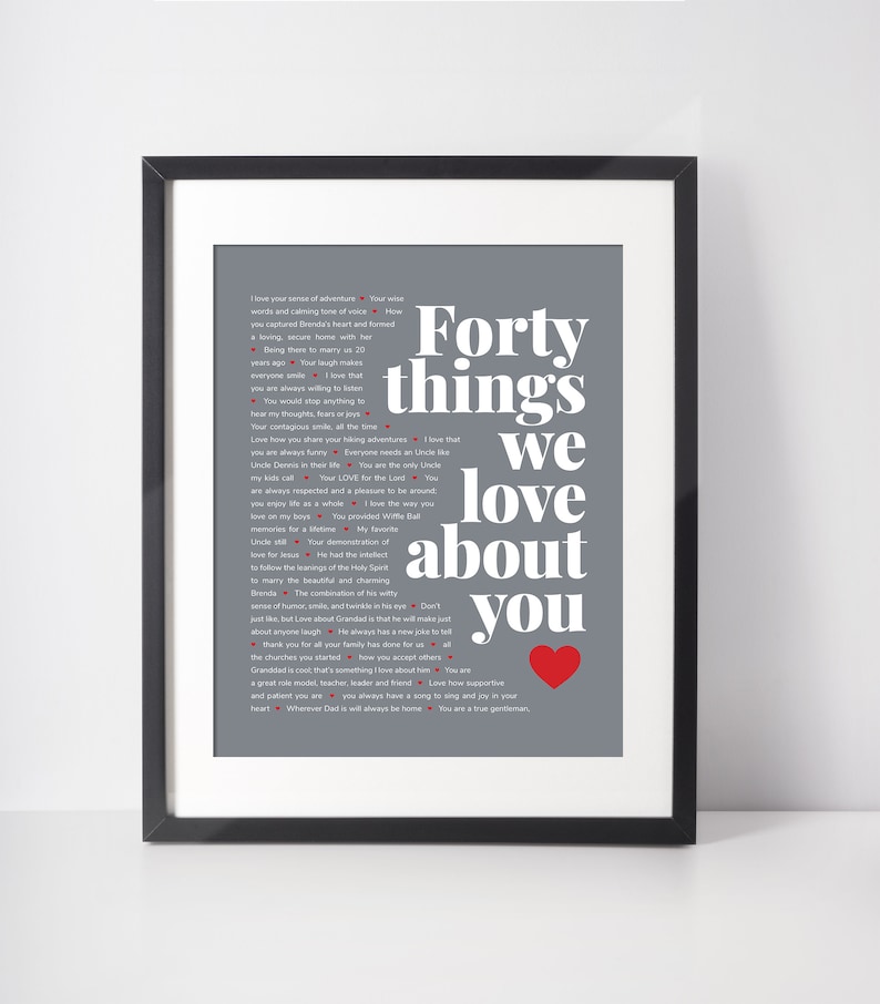 May include: Framed print with a gray background and the words "Forty things we love about you" in white. A red heart is at the bottom right. The print lists 40 reasons why someone is loved.
