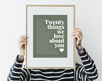 20 Things We Love About You Custom Digital Poster. Print yourself, birthday or Anniversary gift for boyfriend, friend, brother, son. 24 hrs.