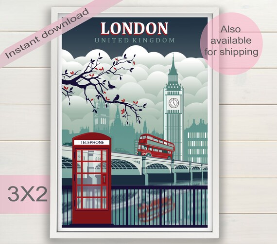 London Print Big Ben Wall Art Red Bus Telephone Box Printable Card Themed Room Decor Uk Travel Poster House Gift Digital Download