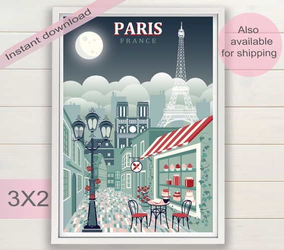 Paris Print Download France Bedroom Decor Theme Party Art Eiffel Tower Silhouette Vintage Travel Poster Kitchen Instant Download