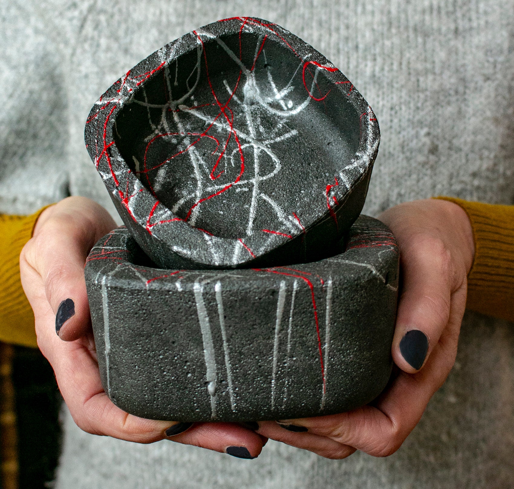 Set of two black concrete cast bowls with solver and red Etsy