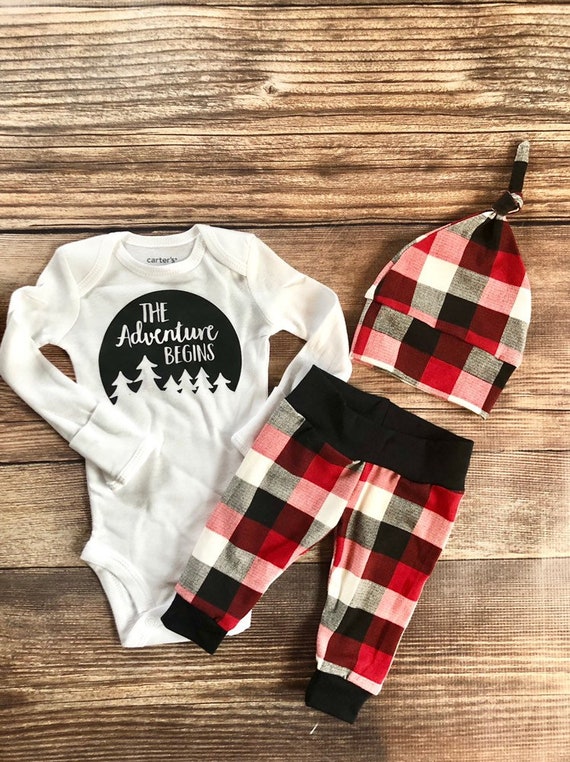 The Adventure Begins Buffalo Plaid Baby 