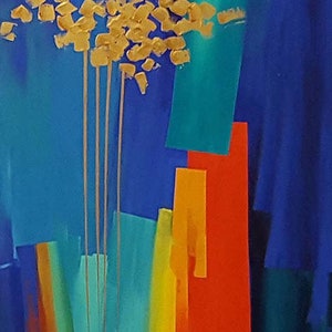 Golden Flowers - Original Hand-painted Acrylic Painting on Stretched Canvas, Wall art for Living Room, Bedroom, Office