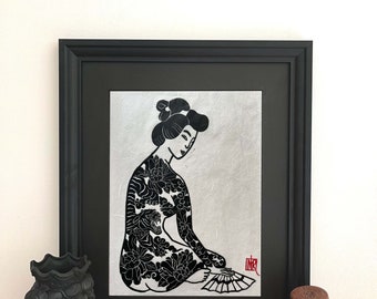 Linocut / hand engraved art print / woman with tiger back tattoo / black on white / inspired by Japanese tradition