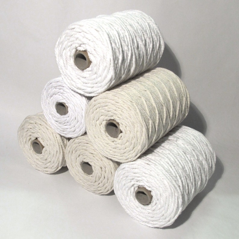Macrame Cord 1000g, Recycled Cotton Spools, Thick Macrame Rope, Piping Cord, Strong Undyed String, Warp, 3ply White Ecru 3mm, 4mm, 5mm, 6mm 
