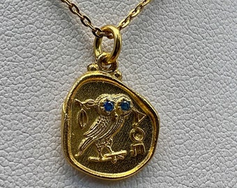 Owl of Athena Pendant Necklace: Ancient Greek Coin Replica Gold-Plated