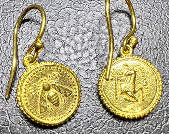 Antika grekiska bigudinna Artemis örhängen handgjorda i sterlingsilver, förgyllda