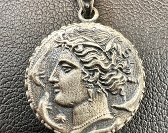 Arethusa surrounded by dolphins Syracuse  Sterling Silver Greek Coin Pendant