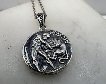 Athena Goddess Herakles wrestling with the Nemean Lion Greek Coin Sterling Silver