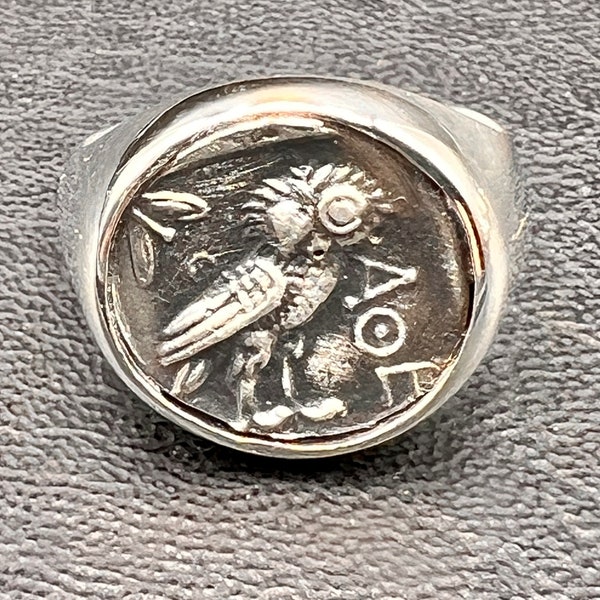 Athéna, chouette, chevalière, pièce de monnaie grecque antique, copie en argent 925, 9 gr. 15 mm