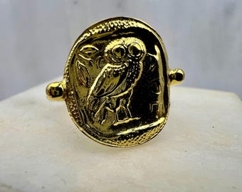 Owl of Goddess Athena Coin ring Sterling silver gold plated