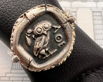 Owl of goddess Athena Nike Minerva Ancient Greek Coin Ring Sterling silver 925