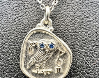 Athena Owl Coin Pendant, Aquamarine Eyes, Sterling Silver Necklace