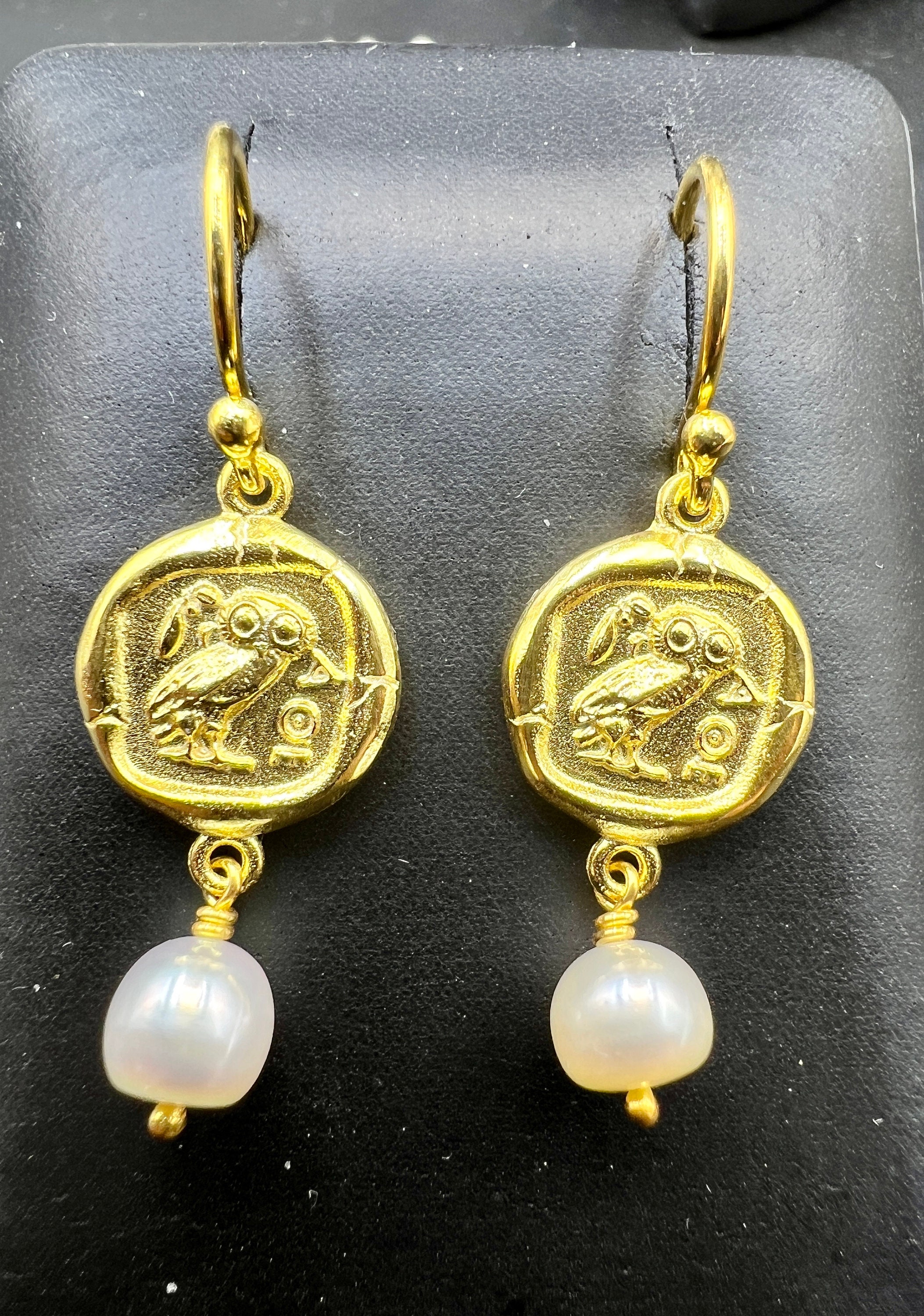 Ancient art athena owl goddess earrings handmade Sterling silver gold plated Pearls