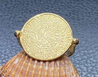 Ancient Greek Phaistos Disc Crete minoan Ring Sterling Silver Gold plated