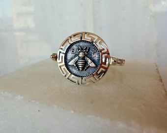 Artemis Bee Greek Key Signet Sterling Silver Ring