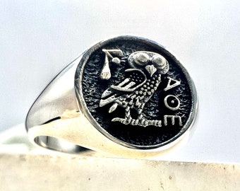 Bague chevalière Athéna hibou - Copie de pièce de monnaie grecque antique Bijoux mythologiques faits main en argent 925