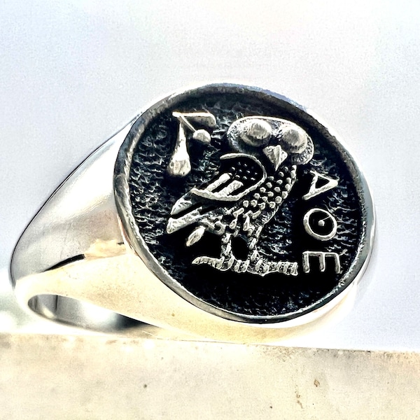 Búho de Atenea Anillo de sello copia de moneda griega antigua 925 Plata