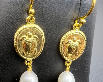 Ancient art tortoise  earrings handmade Sterling silver gold plated Pearls Greek jewelry
