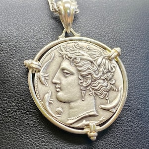 Arethusa surrounded by dolphins Syracuse  Sterling Silver Greek Coin Pendant